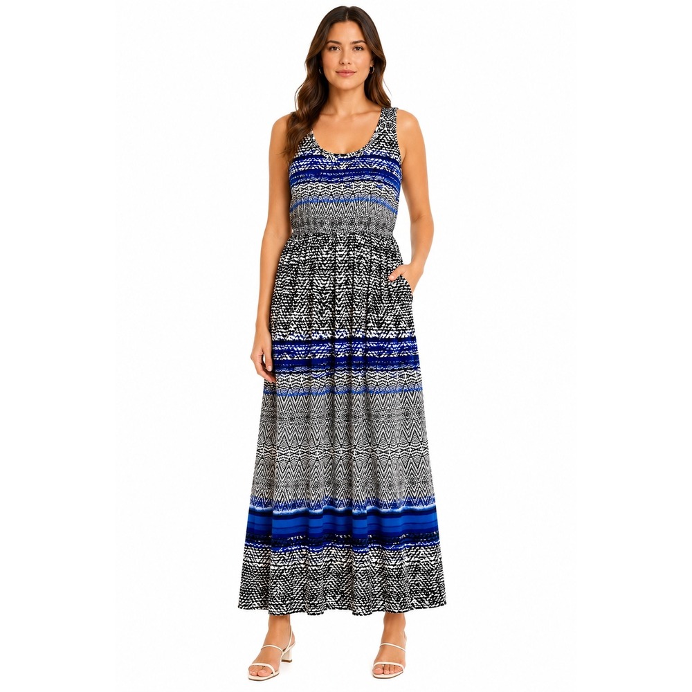 Fever Boho Geometric Maxi Dress Blue Black Tribal Print‎ Sleeveless Pockets Med